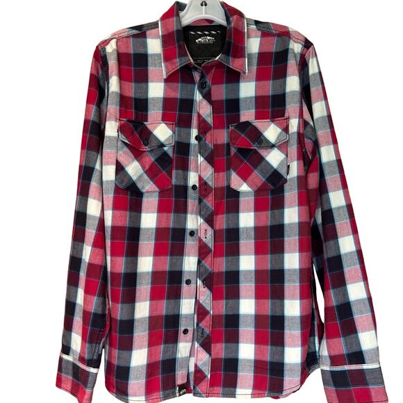 Men's Vans Red Black White Button Front Shirt, Size Medium, EUC - Picture 1 of 5